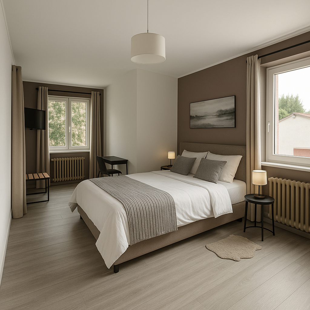 Chambre double moderne et confortable à l’Hôtel des Touristes à Vollore-Montagne, décor sobre et chaleureux dans les tons taupe et beige.