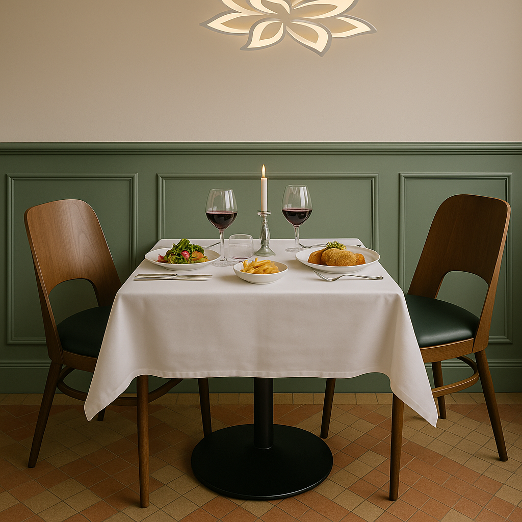 Table dressée pour deux personnes avec plats maison et verres de vin rouge au restaurant de l’Hôtel des Touristes à Vollore-Montagne, ambiance chaleureuse et authentique.
